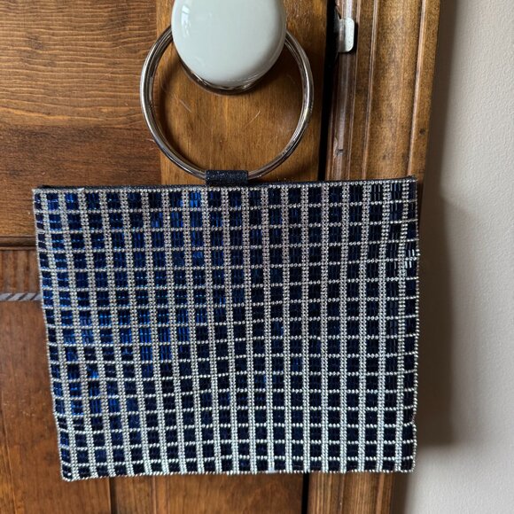 Nina Sandia Blue & Diamond Crystal Embellished Evening Bag w/Silver Rings Handle - Picture 11 of 16